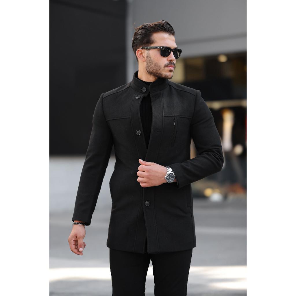 Men's Casual Cut Windproof Buttoned Long Black Cuff Coat