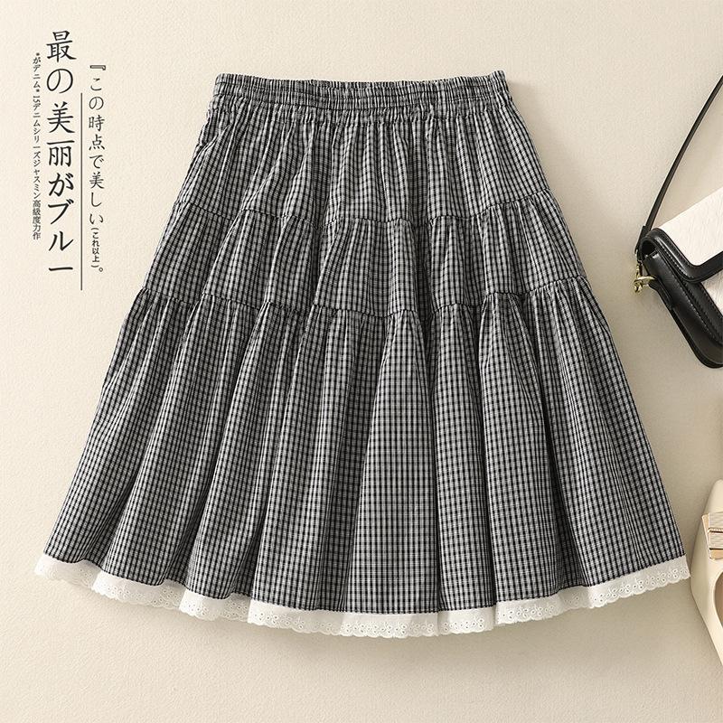 

Реальное фото летняя новинка корейская клетчатая кружевная вставка эластичная талия короткая юбка женская высокая талия тонкая юбка-торт XXL
