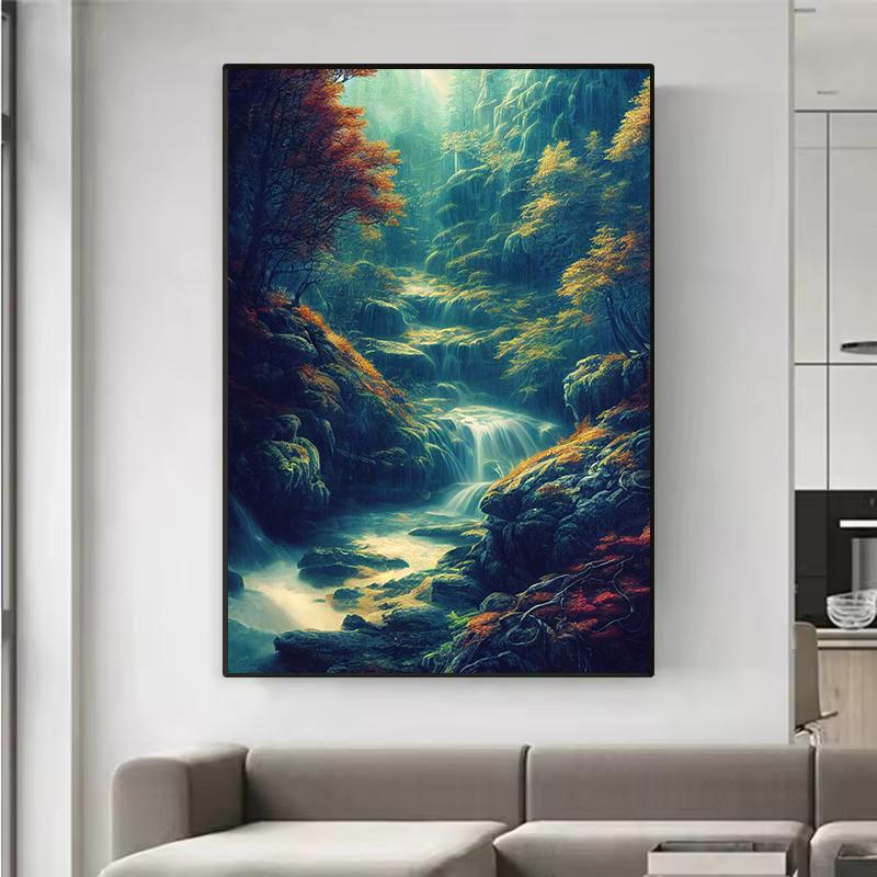 Natürlicher Wasserfall Paradies Grüner Berg Wald See Landschaft Poster Leinwand Malerei Wandkunst Bilder Heimdekor Geschenk