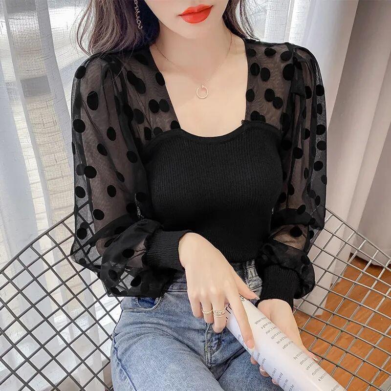 French Polka Dot Mesh Bubble Sleeve Patchwork Ice Silk Tops Women Spring and Autumn Design Sense Niche Slim Blouse