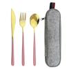 Pink Gold 4Piece Dinnerware Set Portable Reusable Cutlery Set For Travel Camping Flatware Spoon Fork Utensils Set and Bag