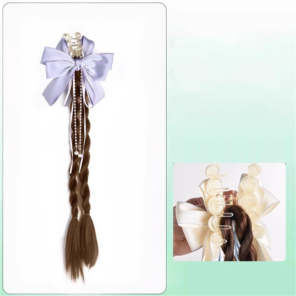 Female Synthetic Wig Lace Flower Bow Tie Tassel Grabbed Clip Wig Natural Fake Twist Ponytail Creative Gentle Versatile Hairstyle