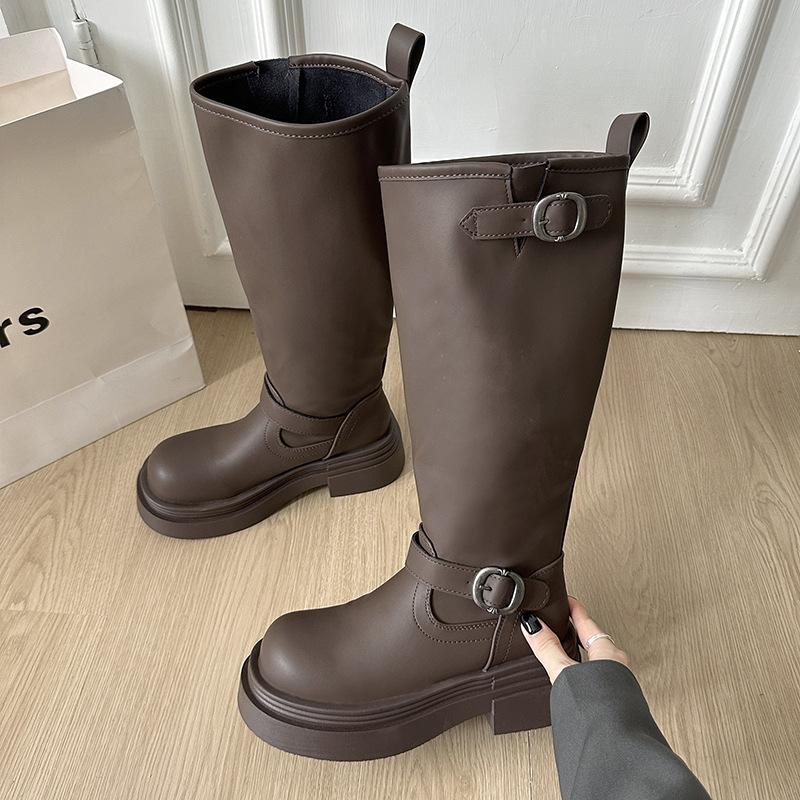 Amerikanske svarte knehøye plattformstøvletter med tykk hæl for kvinner 2025 nye vår- og høststøvletter i britisk stil tynne ridestøvletter