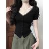Pure desire sexy V-neck lace splicing short-sleeved T-shirt women's summer new Spice Girl slim-fitting slim top