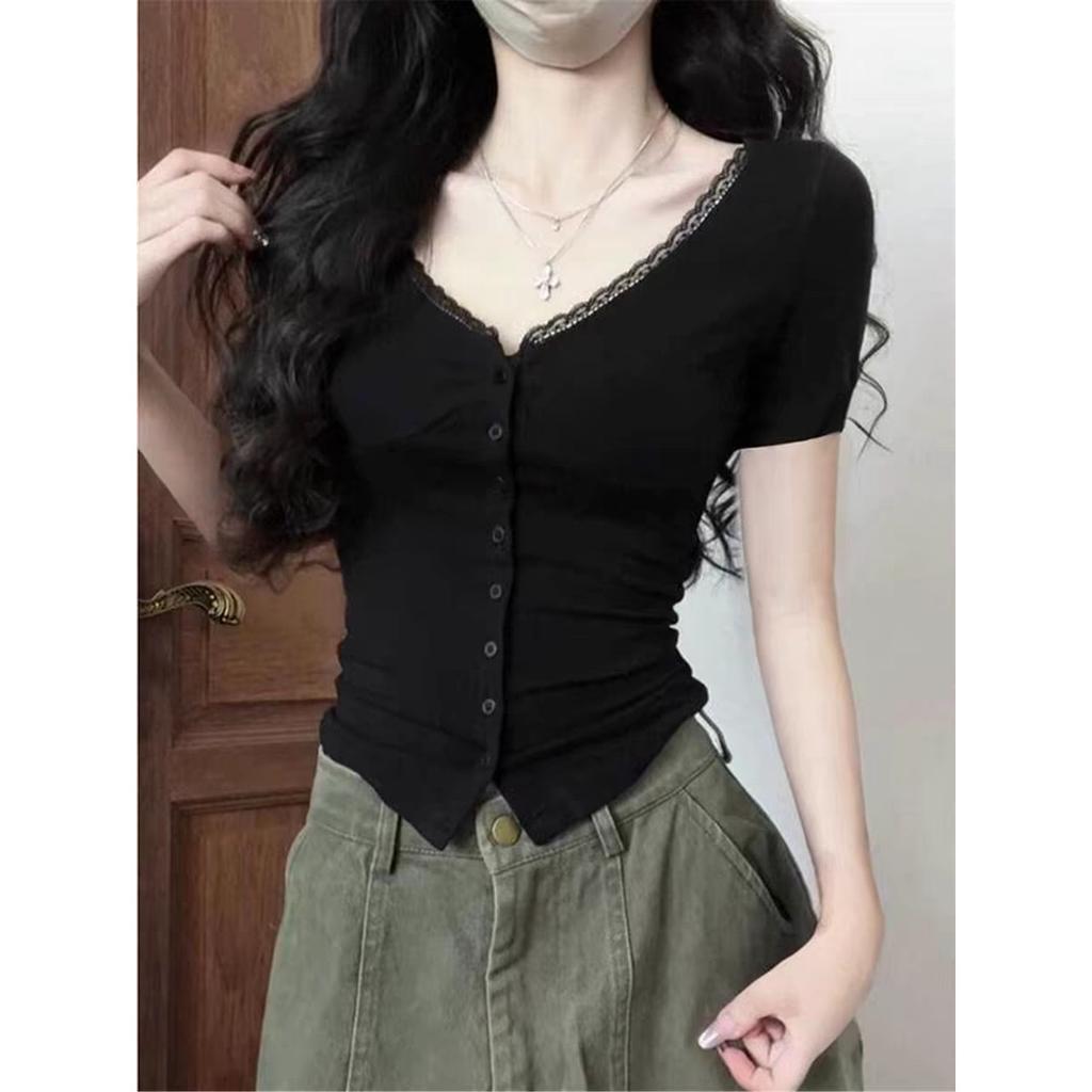 Pure desire sexy V-neck lace splicing short-sleeved T-shirt women's summer new Spice Girl slim-fitting slim top
