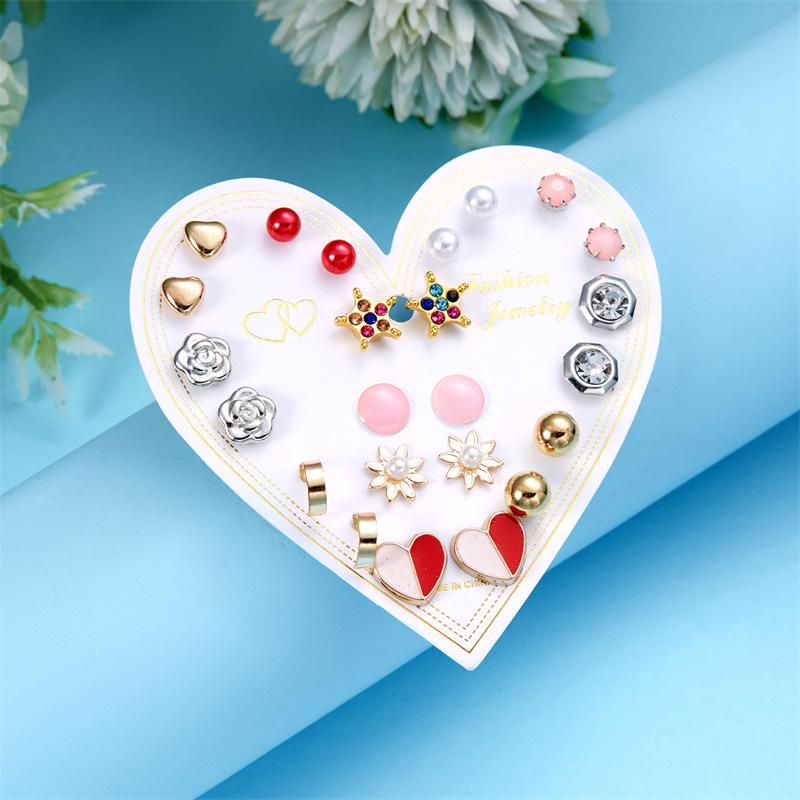 European & American Gold Fashion 12-Pair Rhinestone Stud Earring Set: Hearts, Feathers, Figure 8, Stars