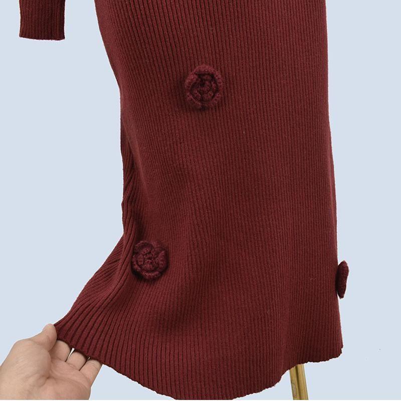 French Round Neck Pure Color Knitting Dress Female Spring & Fall New Arrival Silm Flower Stylish Sweater Skirt