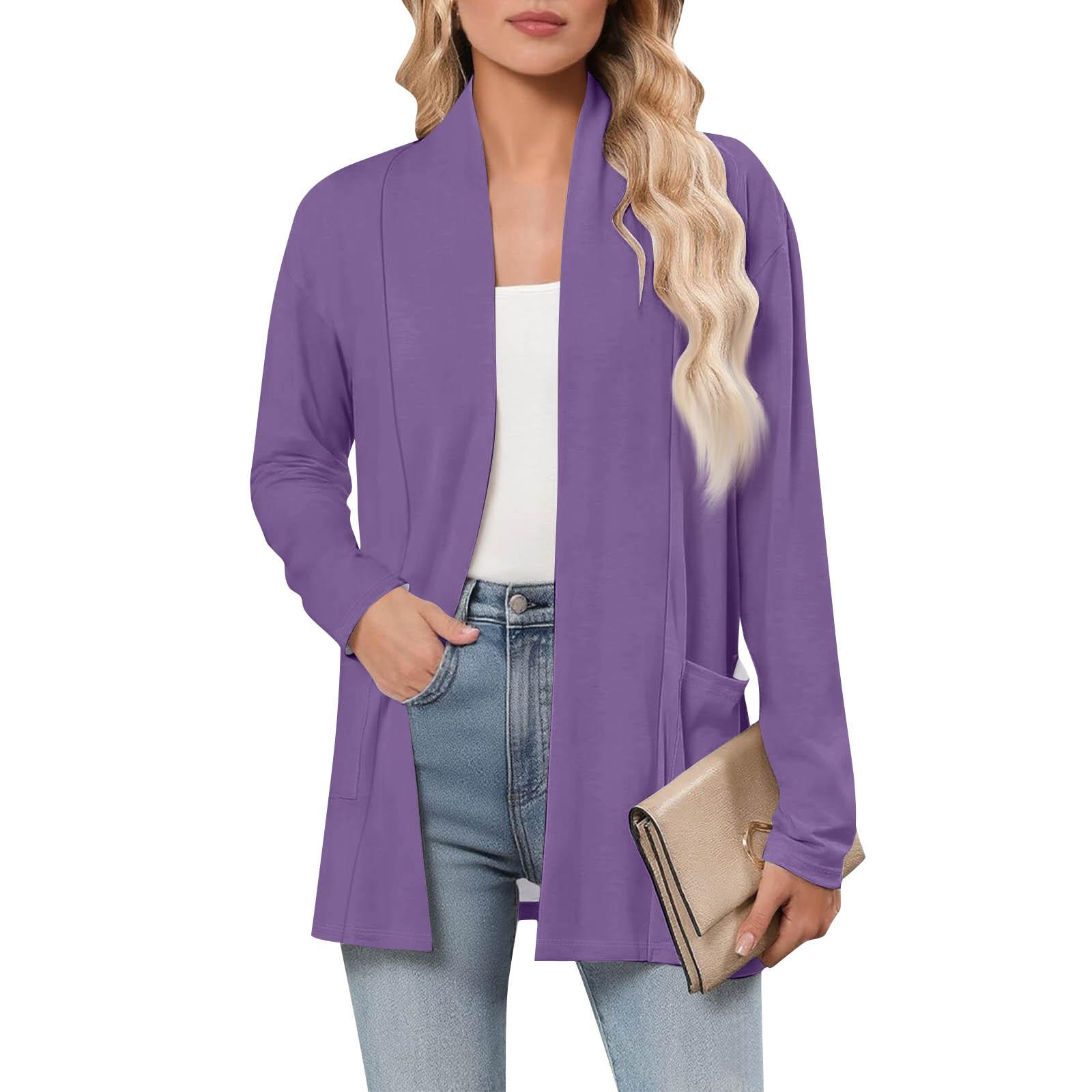 

Женский кардиган с длинным рукавом, V-образным вырезом, модная рубашка, легкий, повседневный, свободный, тонкий кардиган с карманами XL фиолетовый