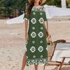 Ladies' Fashionable Summer Retro Color Block Patchwork Printed Dress, Casual Beach Dress, Slender Vacation Dress