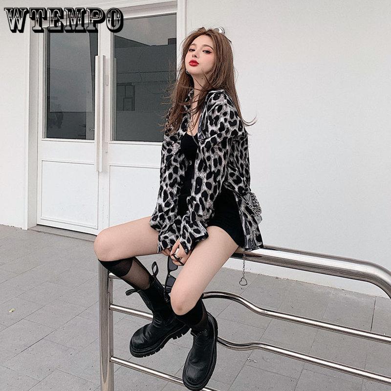 Lady Vintage Leopard Print Long-sleeved T-Shirts Women Spring Autumn Casual Single Breasted Mid-length Shirts Streetwear