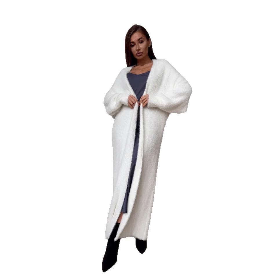 Women's Fluffy Faux Mink Knit Cardigan Coat - White, Autumn/Winter Loose Fit
