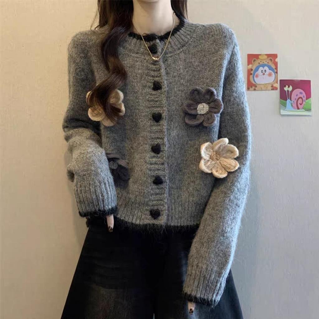 Französisches Temperament Floral Rundhals Pullover Mantel Damen Herbst Winter Lässiger Stil Kurz Gestrickte Strickjacke