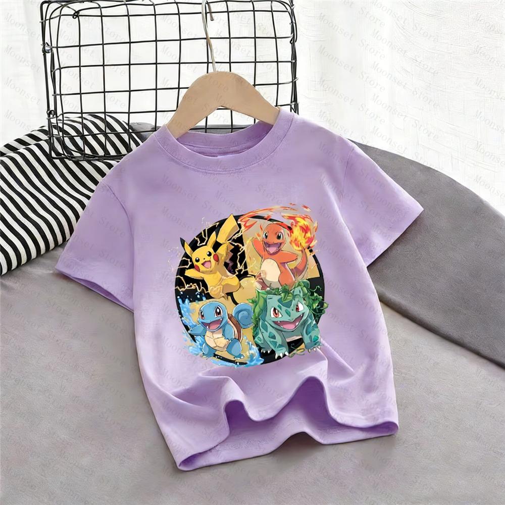 2026 Kids Pokemon T-Shirt Pikachu Charmander Squirtle Bulbasaur Graphic Tee Boys Girls Summer Short Sleeve Adult Casual Tops