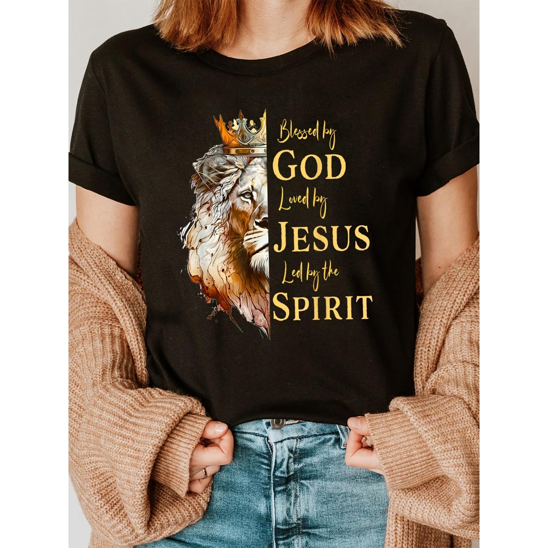 Women s T-Shirt - Blessed By God Loved By Jesus with Lion Reference, Soft Breathable Casual Crew Neck Top Suitable for Summer & Spring S чёрный