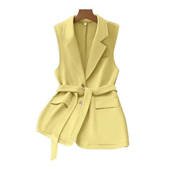 

Жіночий жилет-піджак без рукавів на ґудзиках з лацканами, робоча куртка, осінній повсякденний довгий елегантний плащ з поясом S жовтий