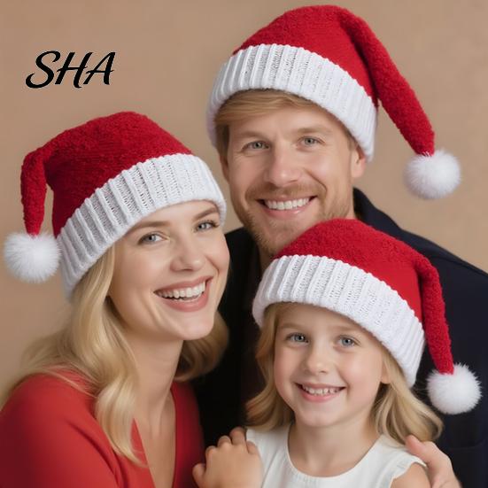 Soft Waxy Winter Hat for Adults Santa Hat, Red Knitted Christmas Kids Adults, Warm Festive Headgear Xmas Party with White Pompom Holiday Accessory