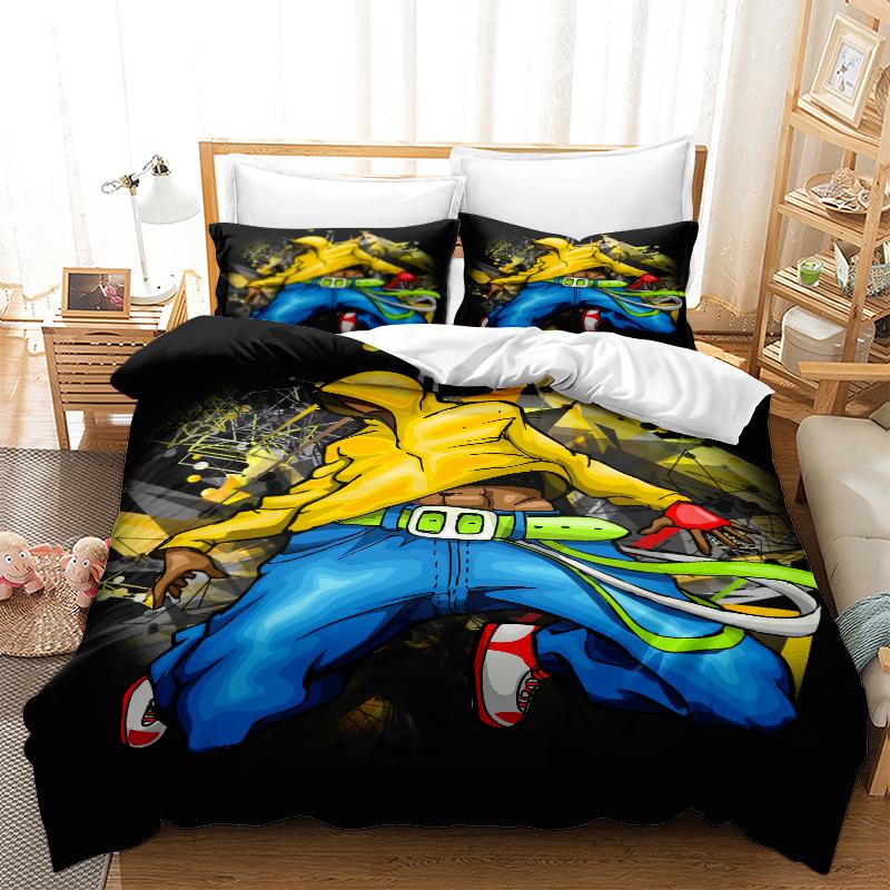 Home Bedding Dynamic Hip-hop Quilt Cover Queen King Full-size Twin Bed Boy Hip-hop Printing Adult Children's Quilt Cover and Pillow Cover Bedding