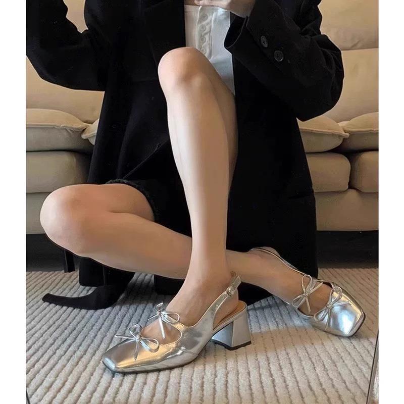 Women's summer outer wear new fashion high-end temperament silver bow thick heel high heel single shoes women's sandals