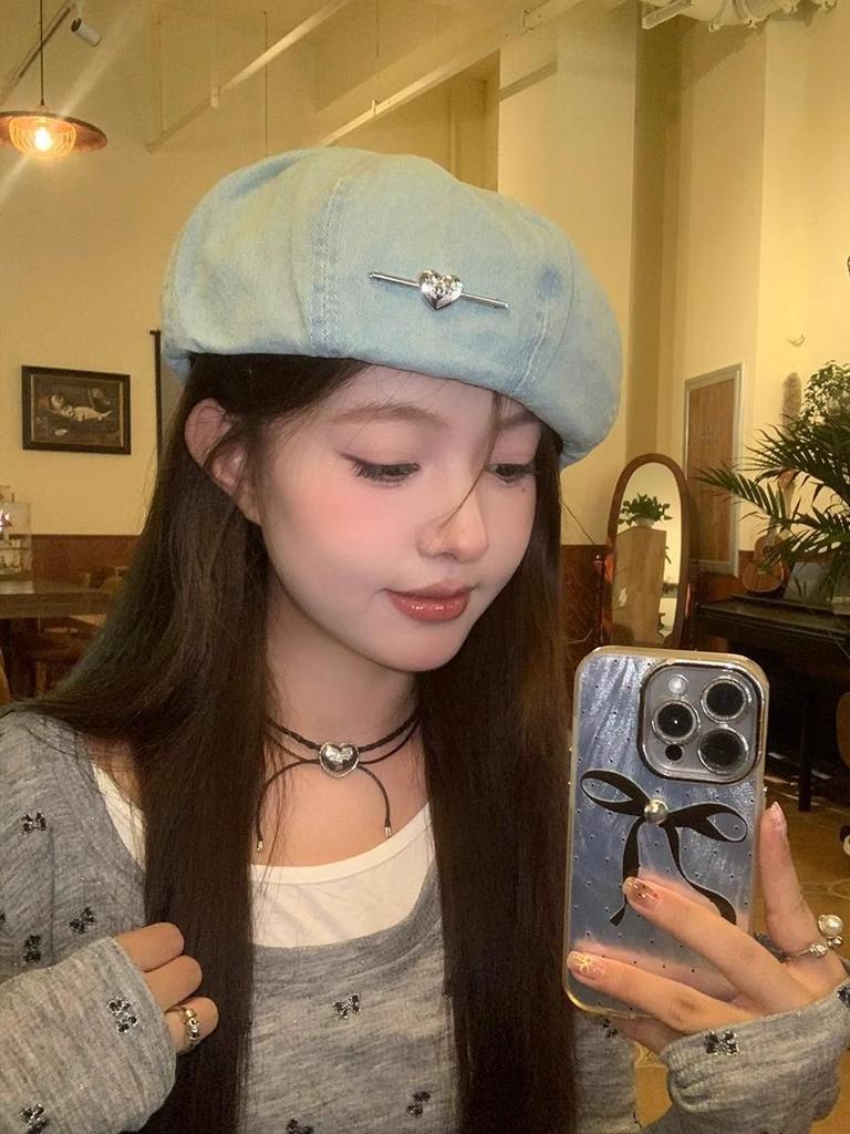 Women's Japanese Denim Heart Beret - Sweet & Versatile Octagonal Painter’s Hat for Large Heads