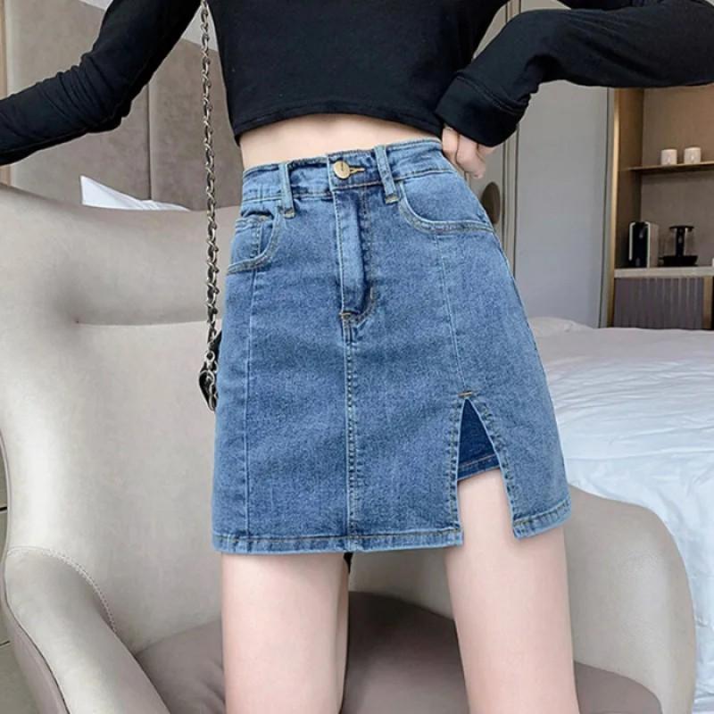 Plus Size Denim Skirt Women A-Line High Waist Split Hem Bodycon Midi Stretchy Slimming Short Small