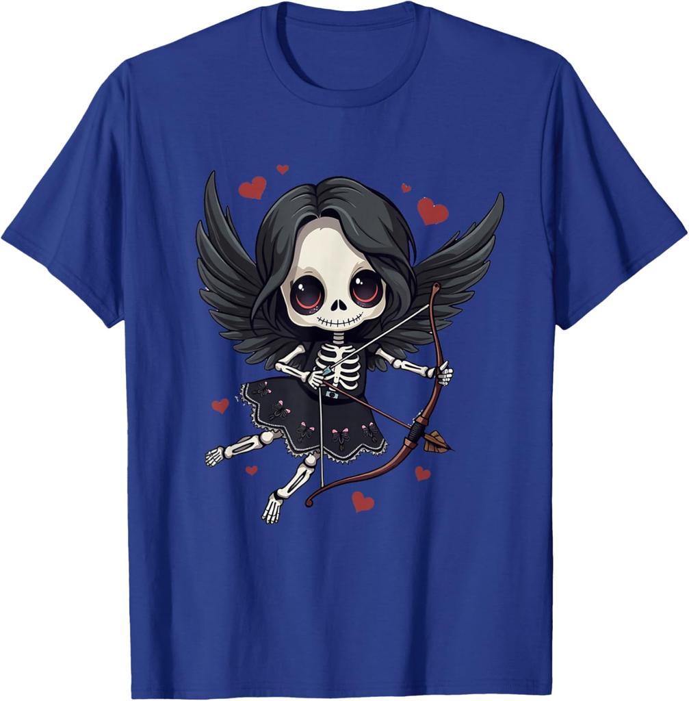 Gothic Skeleton Cupid Dark Valentine Kawaii Angel Graphic Tee Casual Cotton T-Shirt