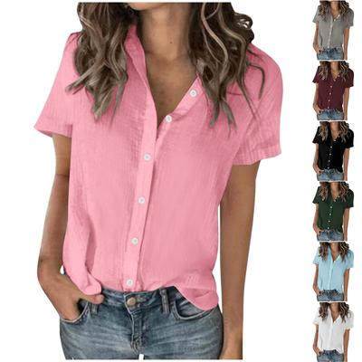 Mode Femme Couleur Unie Coton Et Lin Dames Décontracté Tempérament Chemise à Manches Courtes