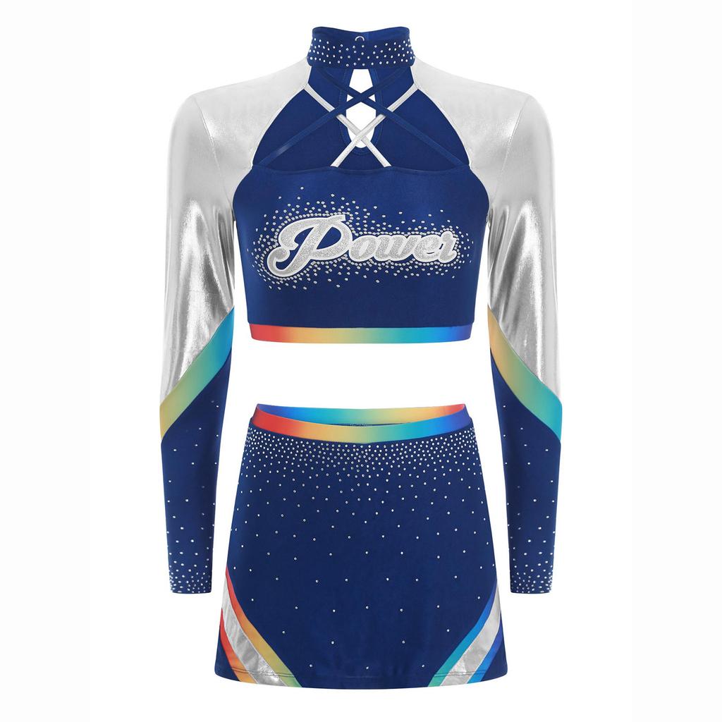 Dámská roztleskávačská uniforma Dvoudílný set Crop top s dlouhým rukávem a kříženými ramínky Taneční sukně Kamínkový výkonnostní outfit