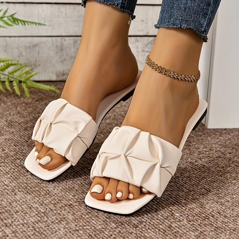 Women's Pleated Design Slippers Sandals Casual Square Open-toed Flat Summer Shoes Lightweight Slippers