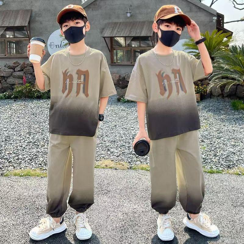 

Boys 2025 Summer Two-Piece Sports Set: Short Sleeve Top & Long Pants for Kids 160