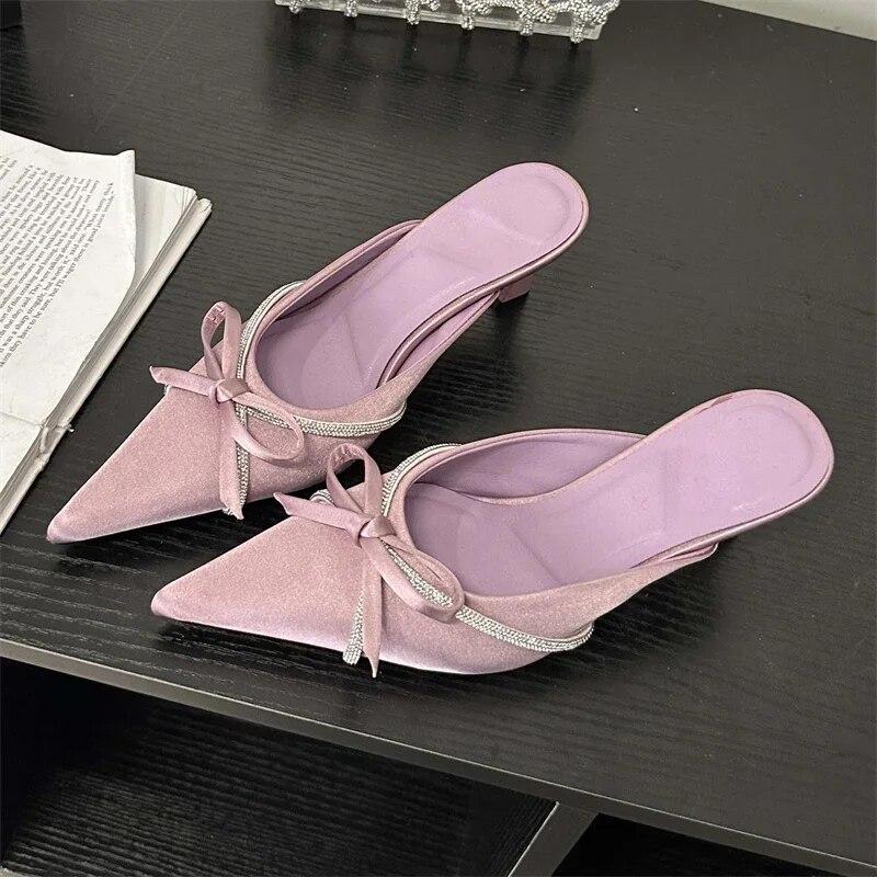 Eilyken Butterfly-knot Woman Slippers Pumps Design Style Low Heels Ladies Pointed Toe Shoes Mules Crystal Slides