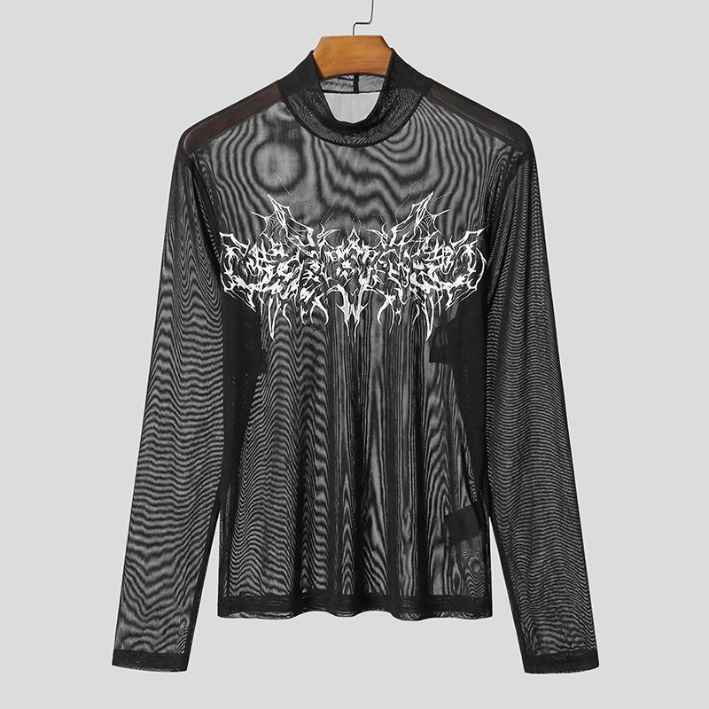 INCERUN Men Turtleneck Long Sleeve Mesh Sheer Transparent Fitted Party Clubwear T-shirts