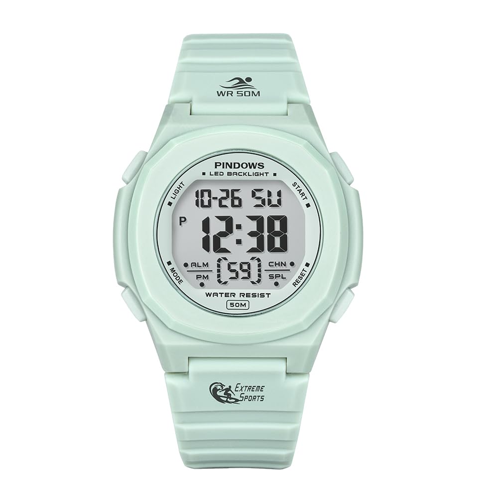 The PINDOWS digital sports watch is water resistant to 50 meters and features an LED alarm and It makes a perfect gift for any women's backlight,