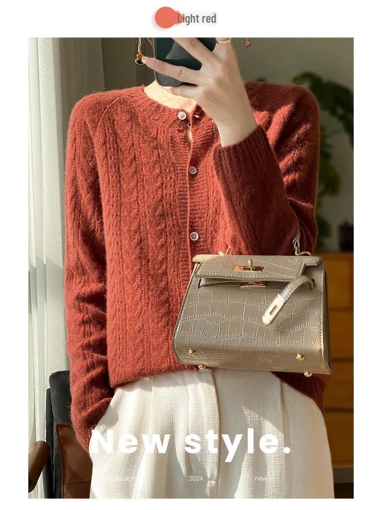 Damen 100% Wolle Lochkabelstrick-Cardigan - Lockere Passform für Herbst/Winter