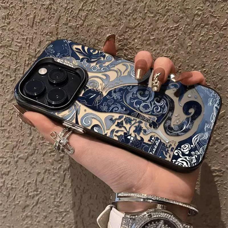 Electroplate Silver  Phone Case for IPhone 16 15 14 13 PRO MAX 11 12 13 PRO X XS XR 7 8 Plus Cute Blue and White Cat Cover