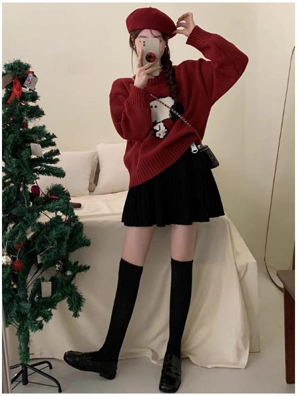 Korean Style Deep Gray A-Line Knit Skirt: Slimming Tummy Support, Petite Pleated Design for Autumn and Winter.