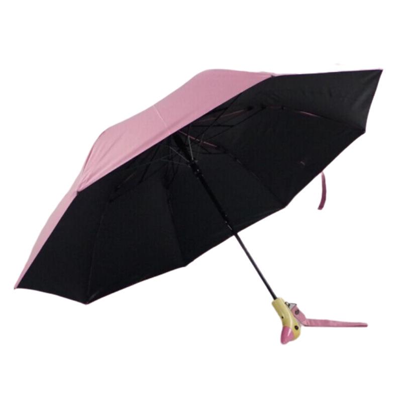 Cute Three-Fold Duck Head Umbrella: Cartoon Design, Wooden Handle, Solid Color for Rain or Shine.