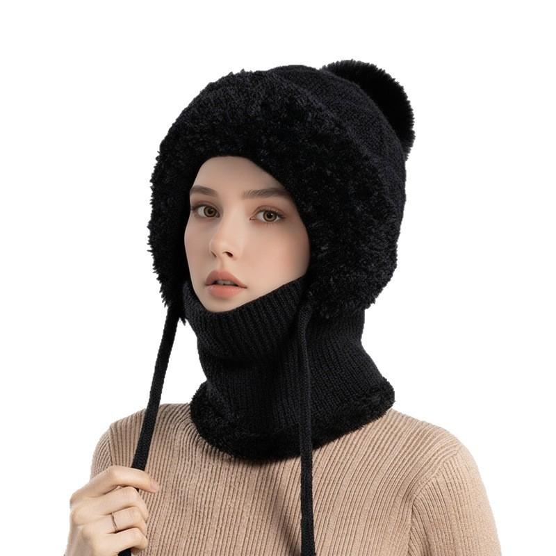 Womens Winter Knit Beanie With Integrated Neck Warmer Ear Protection Thick Fleece-Lined Foldable Cold Weather