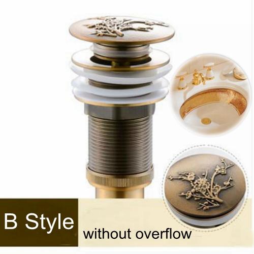 Bathroom Lavatory Basin Sink Pop Up Drain with Round Carved Cover  Brass with & Without Overflow Vanity Sink Waste Drainer