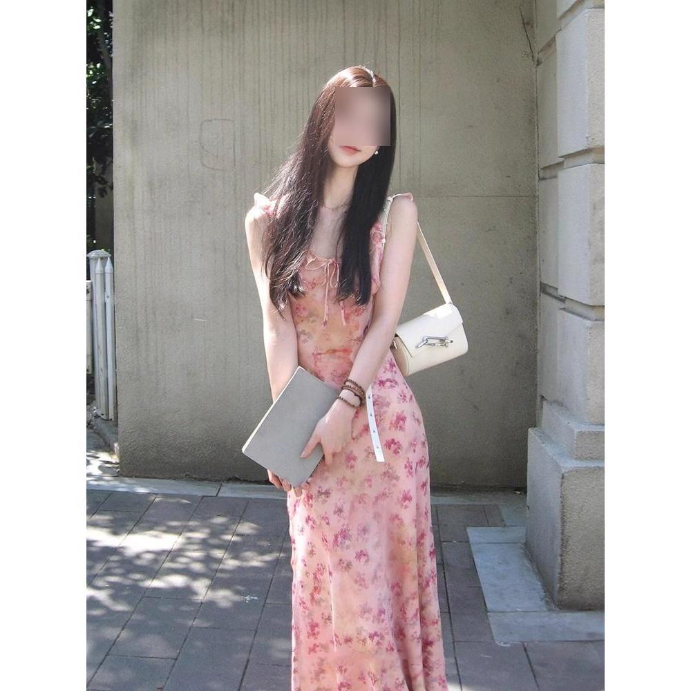 

Розовое цветочное платье на бретелях для детей, супер красивое платье с V-образным вырезом на талии для пляжного отдыха летом XL- (recommended 110-60kg)