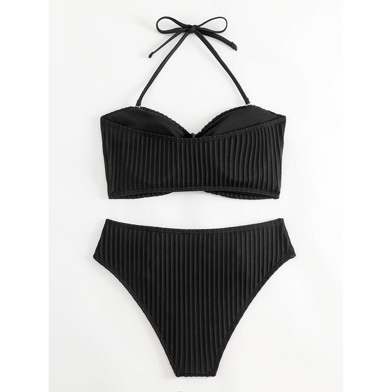 Women Solid Color Swimsuit Sexy Tight Fitting Suspender with Backless Stripes Bikini Fashion Pure Cotton Split Style Swimsuit