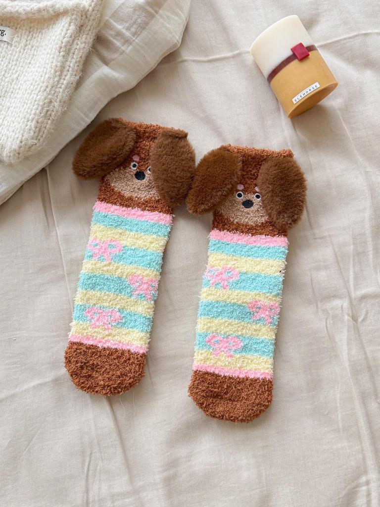 Women's Non-Shedding Coral Fleece Sleep Socks - Cute Cartoon Puppy Design with Big Ears, Warm Mid-Calf Socks for Autumn and Winter.