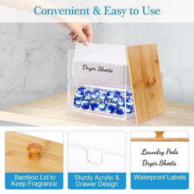 Acrylic Laundry Pods Organizer Double Layer Acrylic Storage Box with Bamboo Lid Dryer Sheets Container Laundry Room Organizer