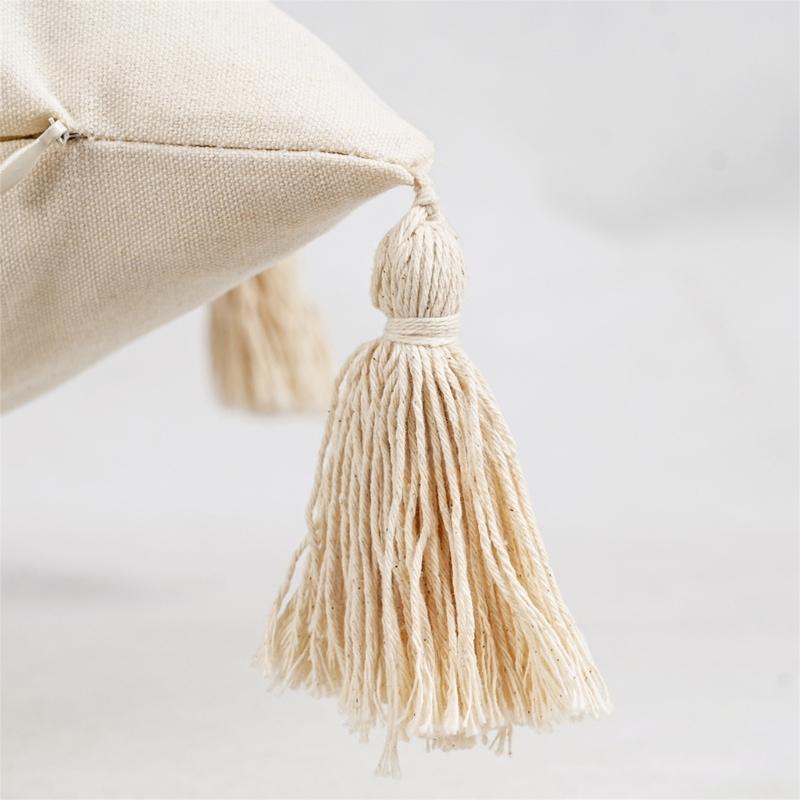 Tassels Throw Pillow Cover with Geometric Woven Texture, Neutral Farmhouse Cushion Cover for Living Room Bed Accent Decors
