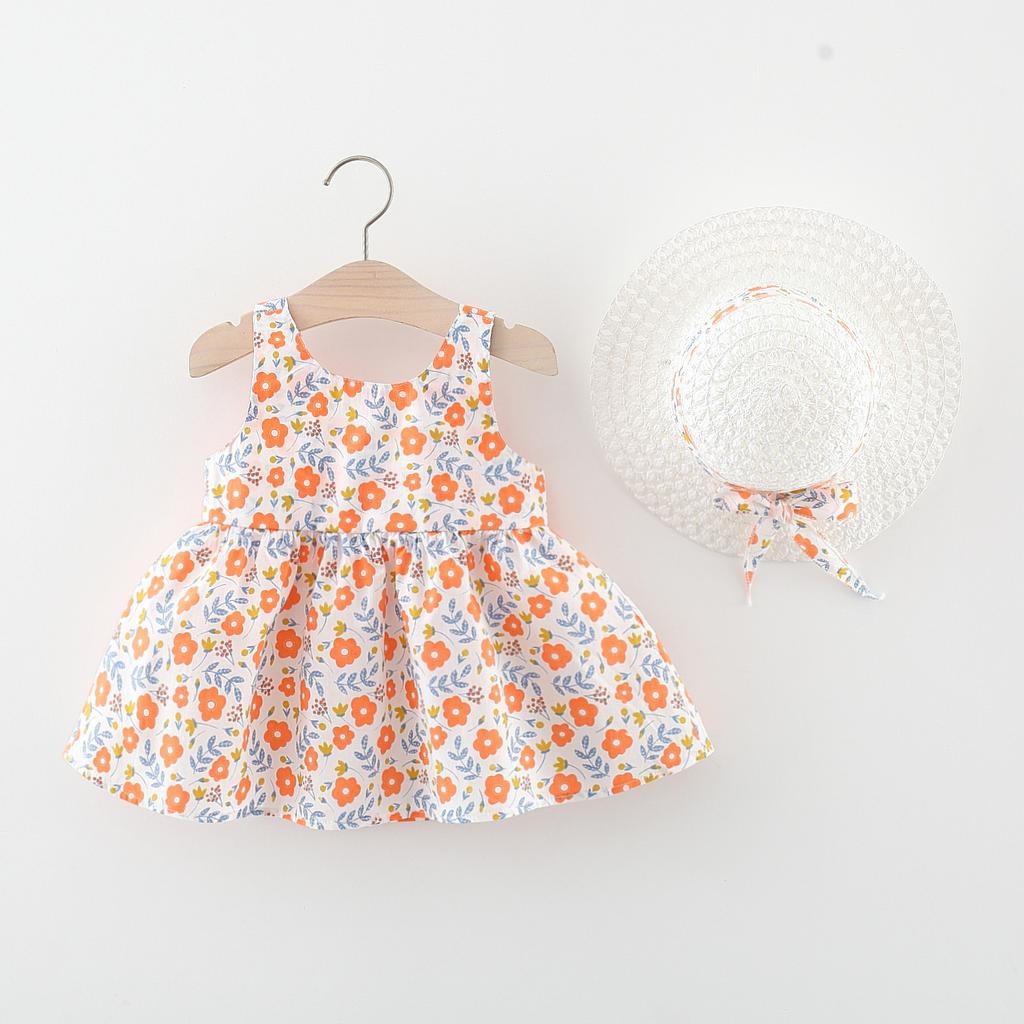 Summer Girls Cotton Princess Dress With Hat Large Bowknot Front Cute Kids Clothing For Little Girl Party Wear