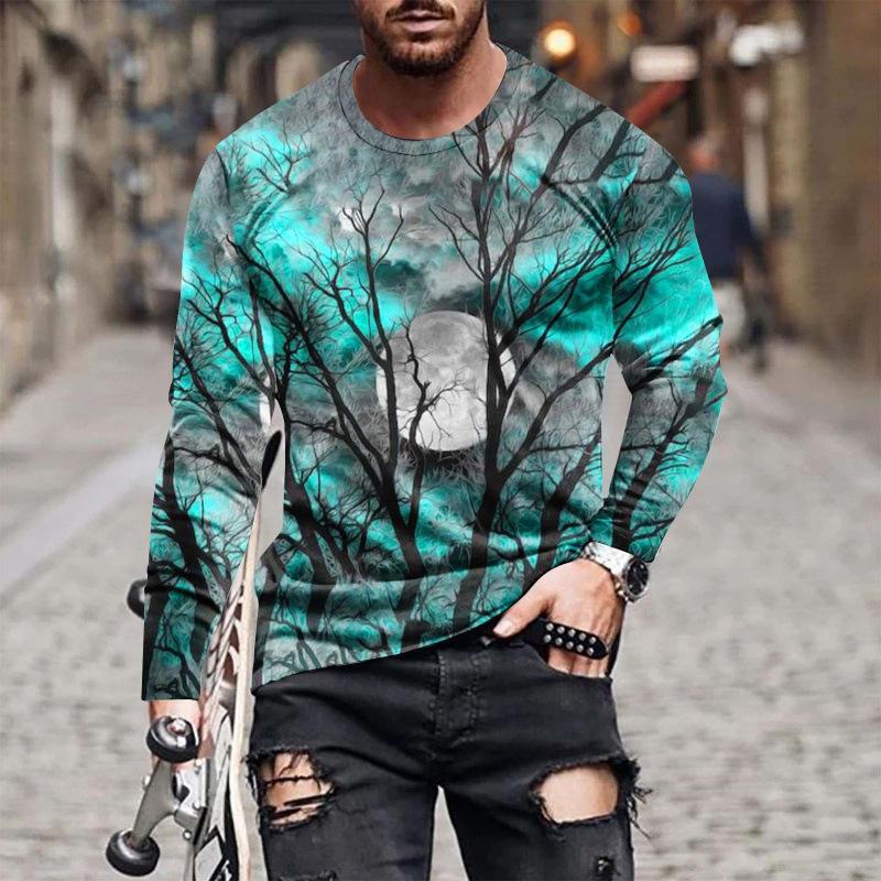 Spring and Autumn Round Neck 3D Scenic Moonlit Forest Pattern Printed Top Fashionable Casual Long Sleeved Men's T-shirts