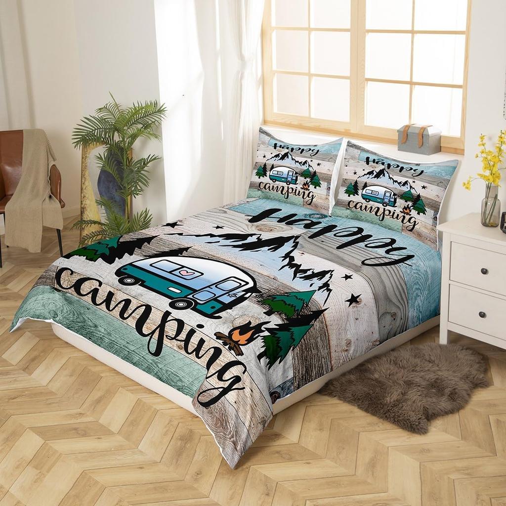 Erosebridal Kids Camping Bedding Set Twin Size Happy Camping Comforter Cover for Boys Girls Western Rustic Farmhouse Style Duvet Cover Vinta