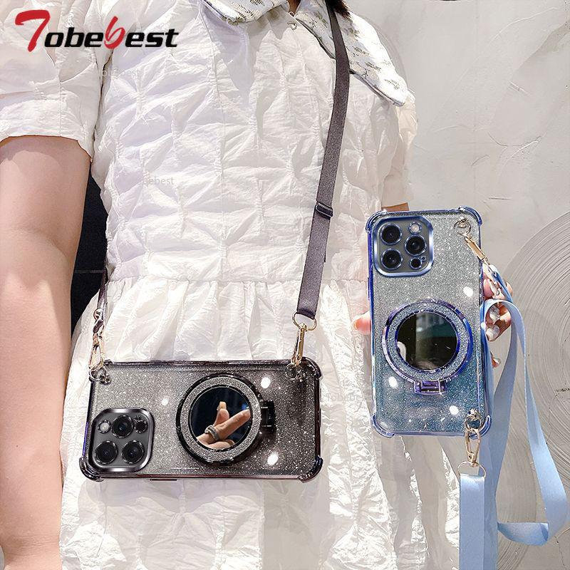 Crossbody Lanyard Shockproof Glitter Plating Mirror Magsafe Holder Case for iPhone 16E 16 15 14 Plus 13 12 11 Pro XS Max XR X