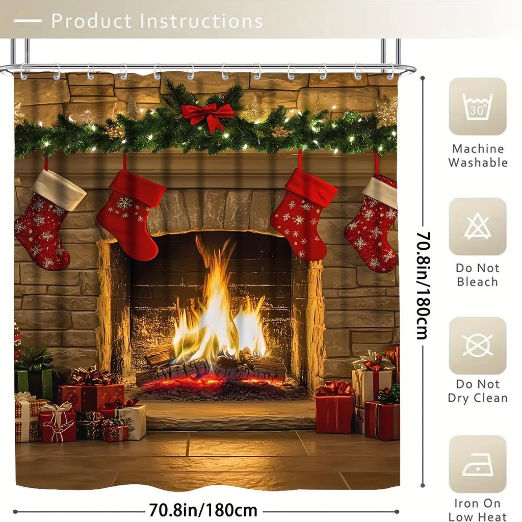 4Pcs Bathroom Shower Curtain Set Christmas Fireplace Pattern Bathroom Curtain With 12 Hooks Non Slip Rugs Toilet Cover Mat Bathroom Partition