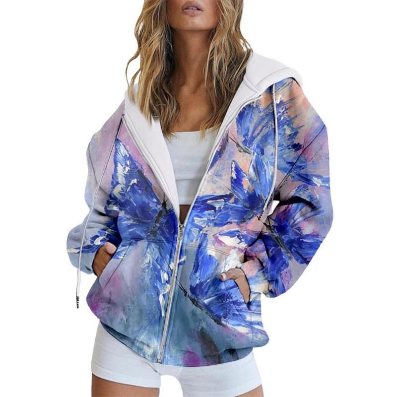 Womens Oversized Hooded Zip-Up Sweatshirt With 3D Digital Print Casual Loose Fit Winter