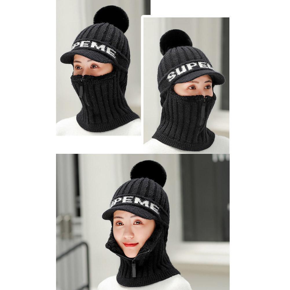 Winter Knitted Hat Scarf Set Beanie Zip Scarf Earflap Fleece Lined Ski  with Pompom Windproof Thermal Hat Neck Warmer